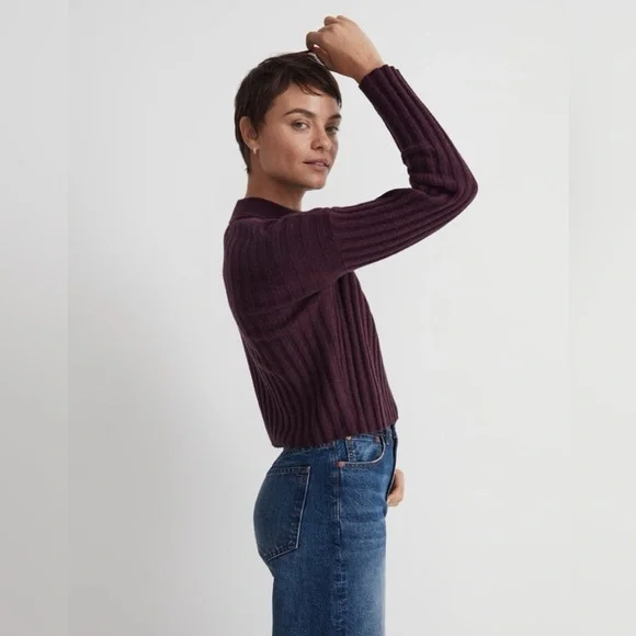 Madewell Wool Blend Mock Neck Cropped Sweater Plum Purple Ribbed - Picture 2 of 11